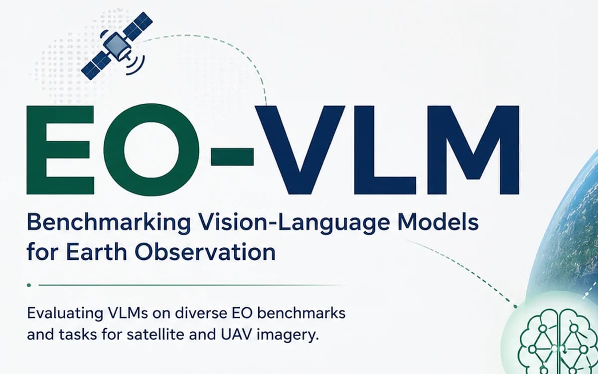 EO-VLM title from the project poster, beside a satellite and the edge of a globe.