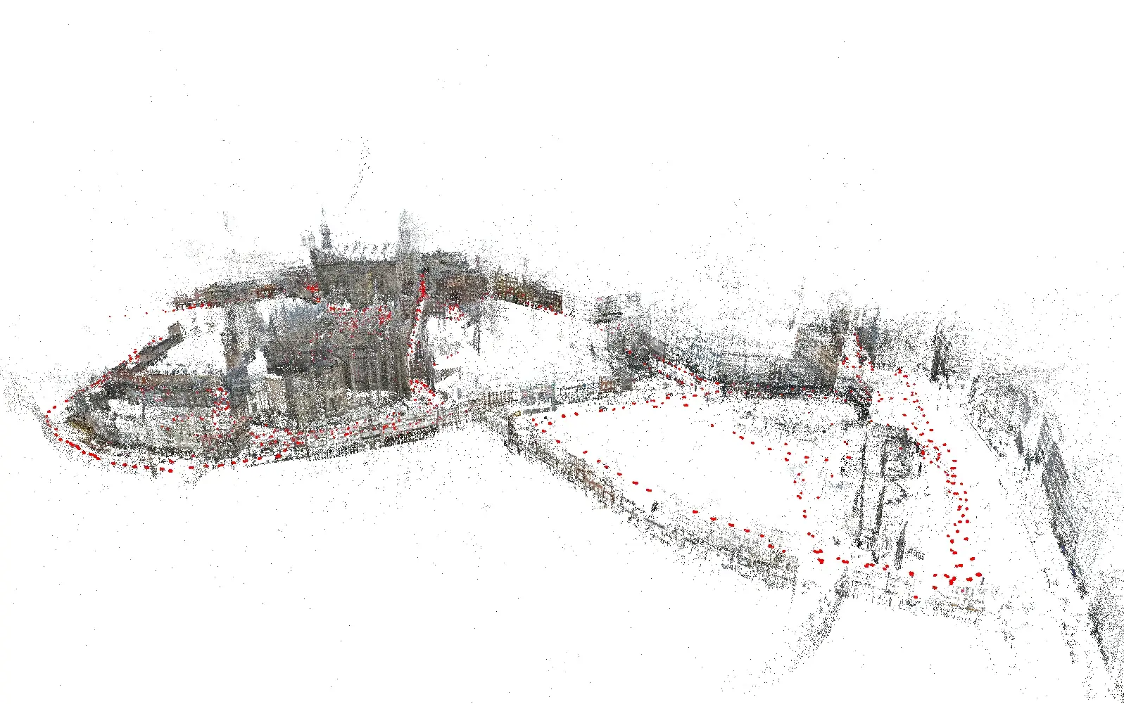 A 3D point-cloud map of the city of Aachen, seen from above at an angle, with camera positions marked in red.